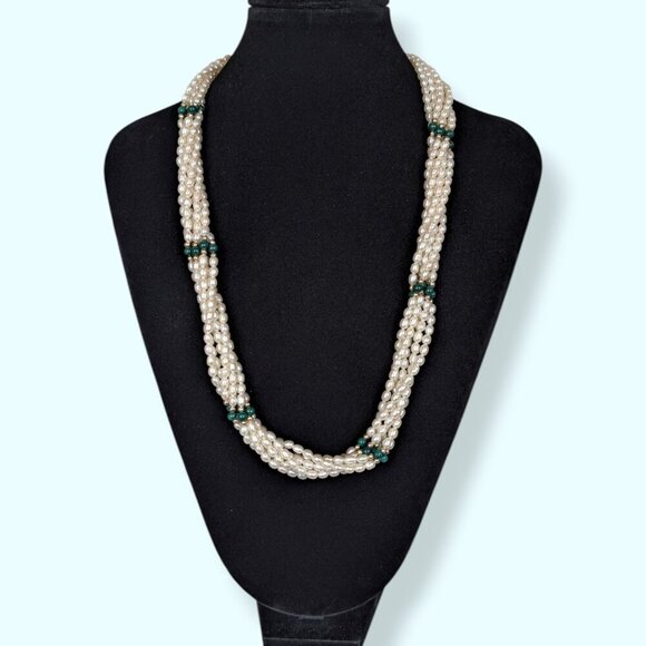 Vintage 6-Strand Freshwater Pearl & Malachite Torsade Necklace - Picture 1 of 6